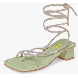 XYD Pale Green Gladiator Block Low Heel Sandal Ankle Strap Open Toe Lace Up Shoe